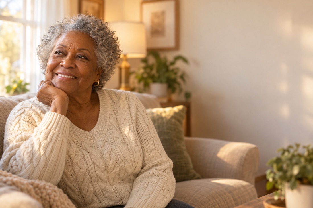 A senior smiling in a sunlit living room